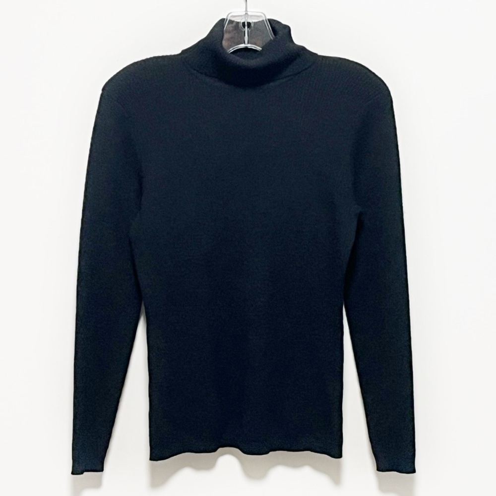Susan Bristol Classic versatile black merino wool ribbed chic turtleneck sweater